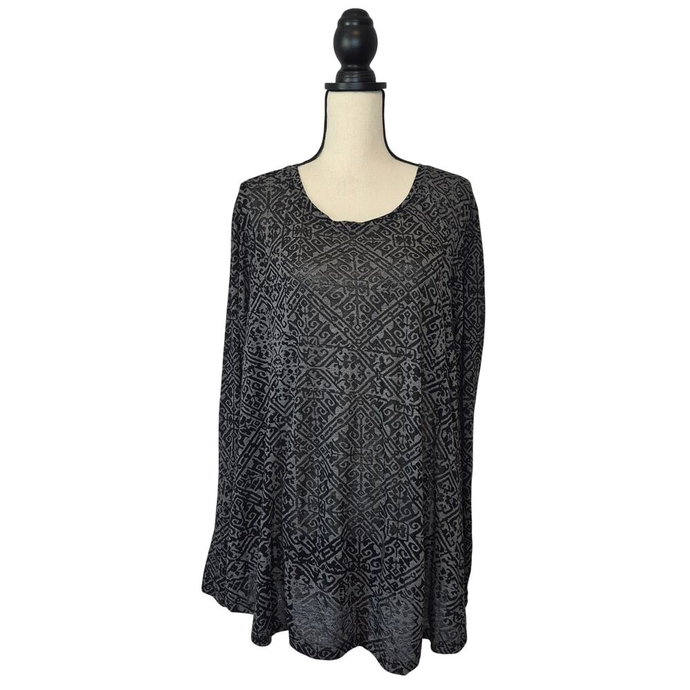 Peruvian Connection Grey Black Geometric Burnout Knit Lagenlook Tunic Top Sz XL